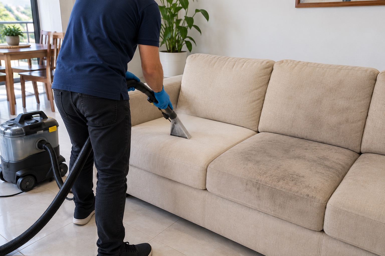 Técnico lavando con vapor un sofá beige
