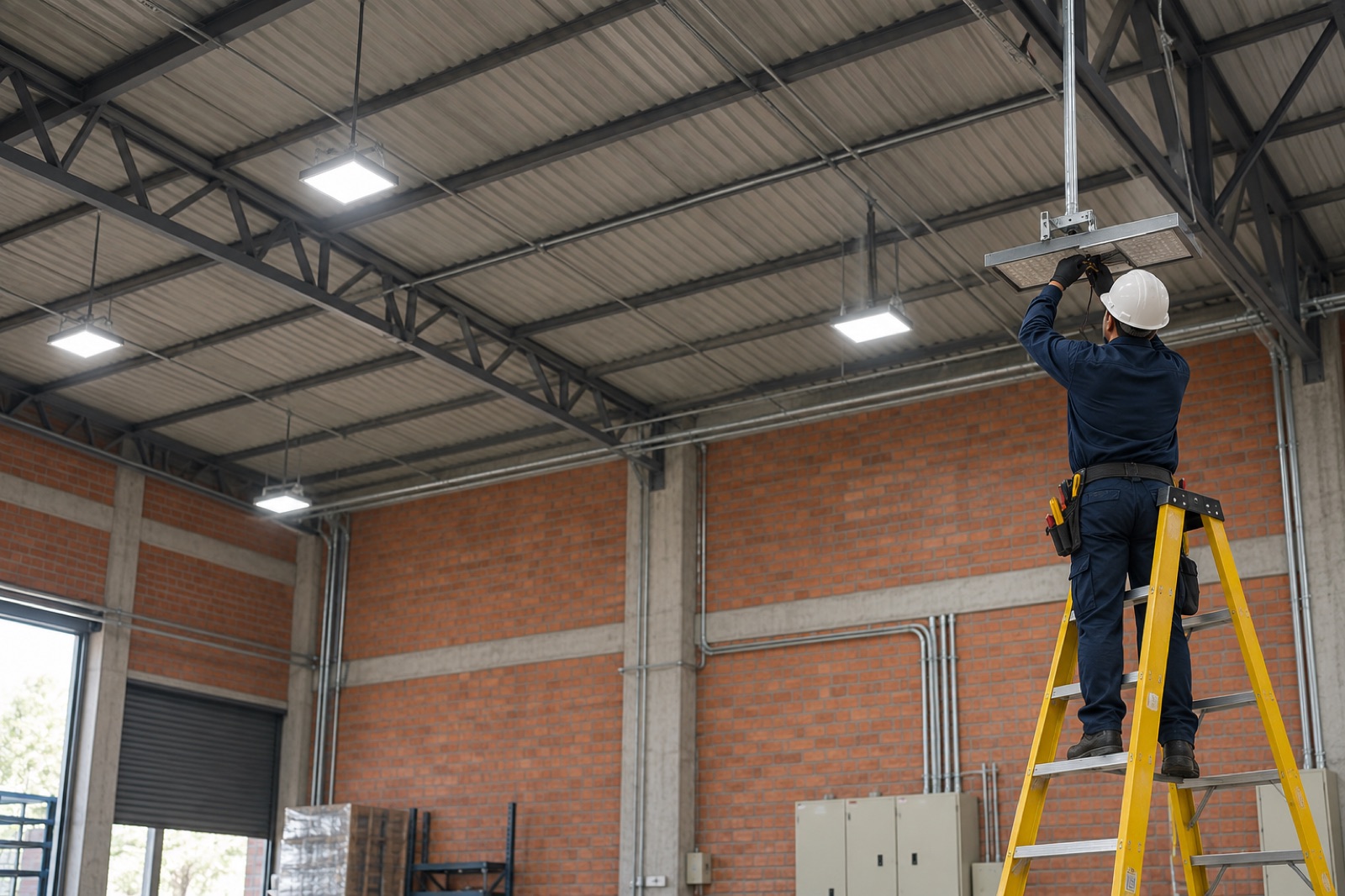Electricista conectando una luminaria en una bodega industrial