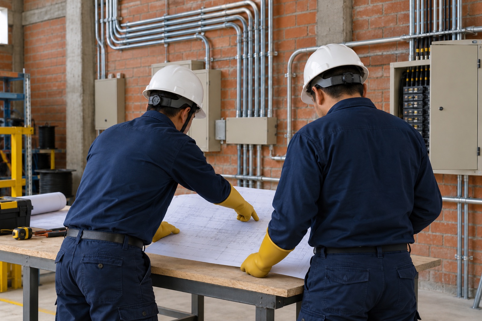 Técnicos revisando un plano eléctrico en una bodega