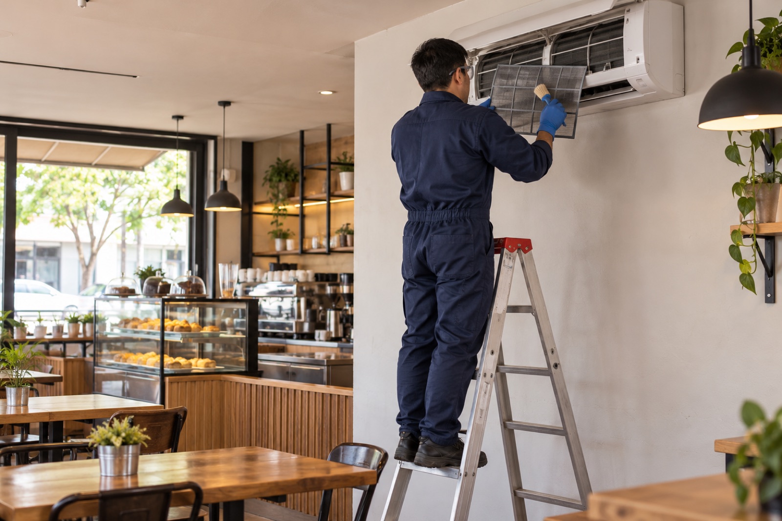 Técnico en escalera limpiando los filtros de un aire acondicionado minisplit en una cafetería