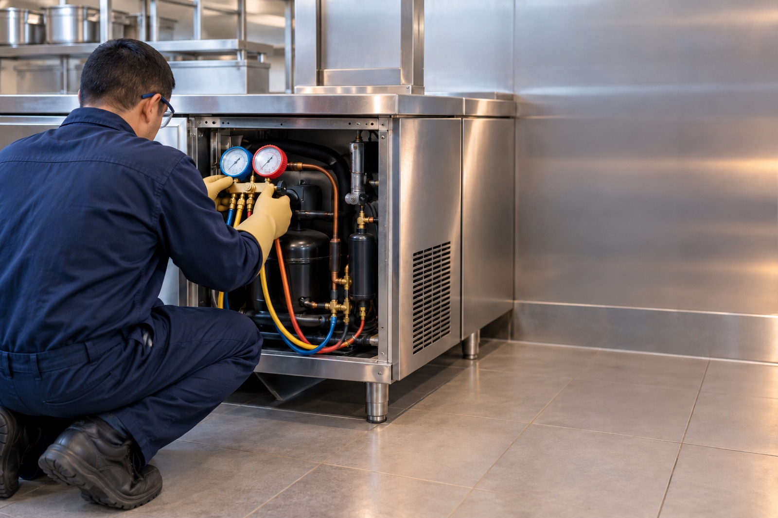 Técnico de refrigeración revisando con manómetros una nevera bajo mostrador en una cocina