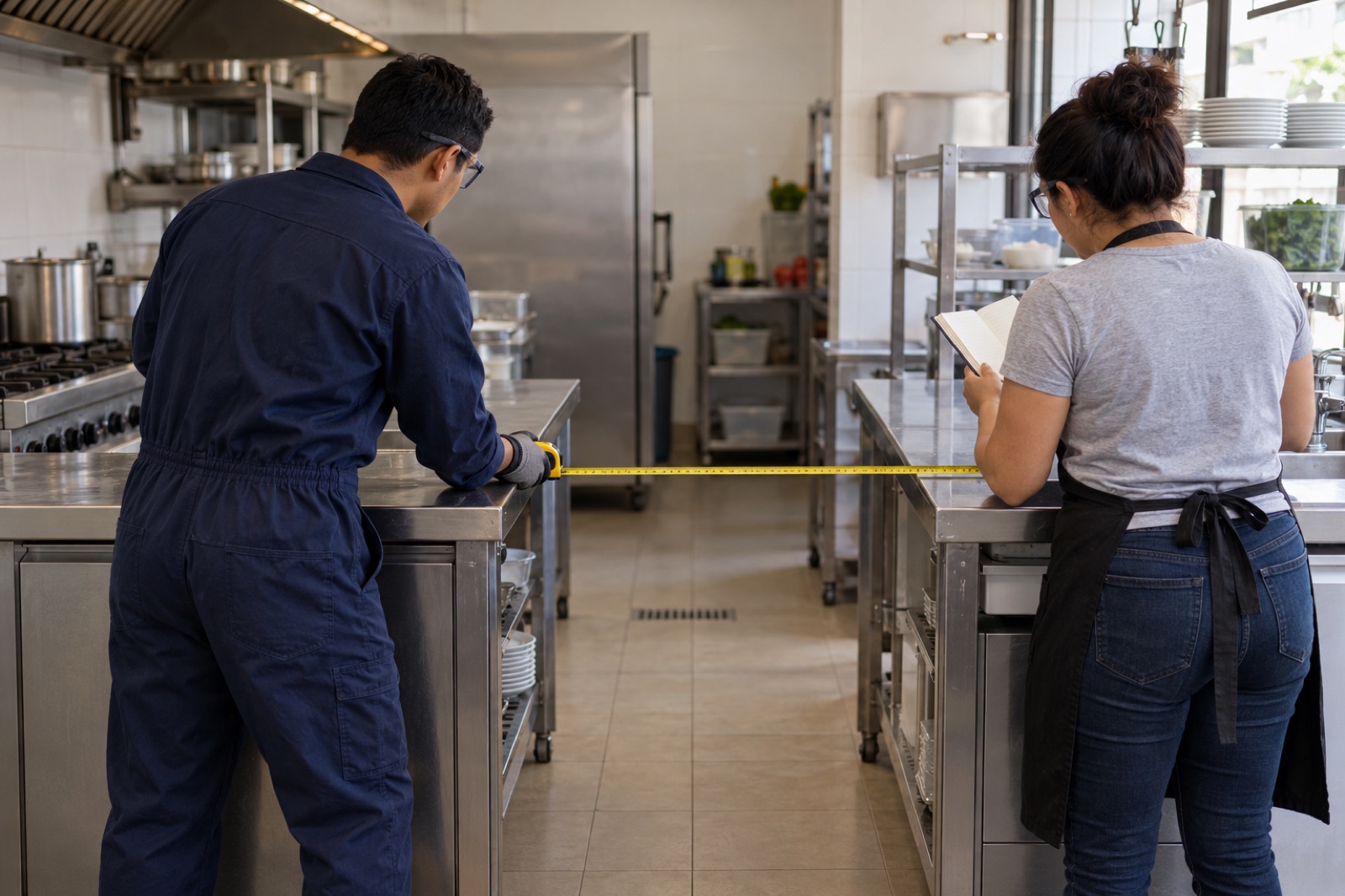 Técnico y dueña de un restaurante midiendo el espacio en una cocina profesional