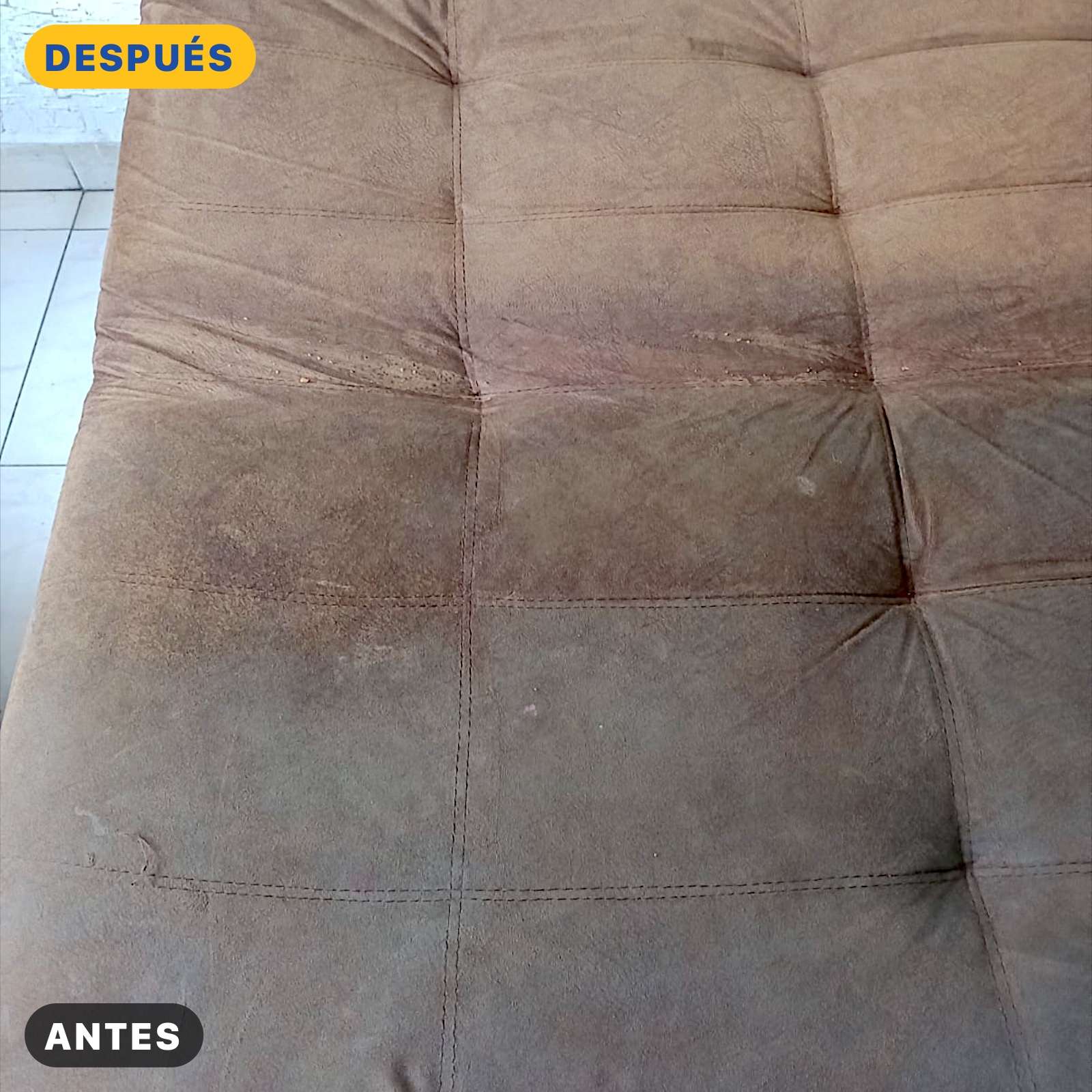 Sofá café con la parte de arriba lavada y la de abajo sin lavar