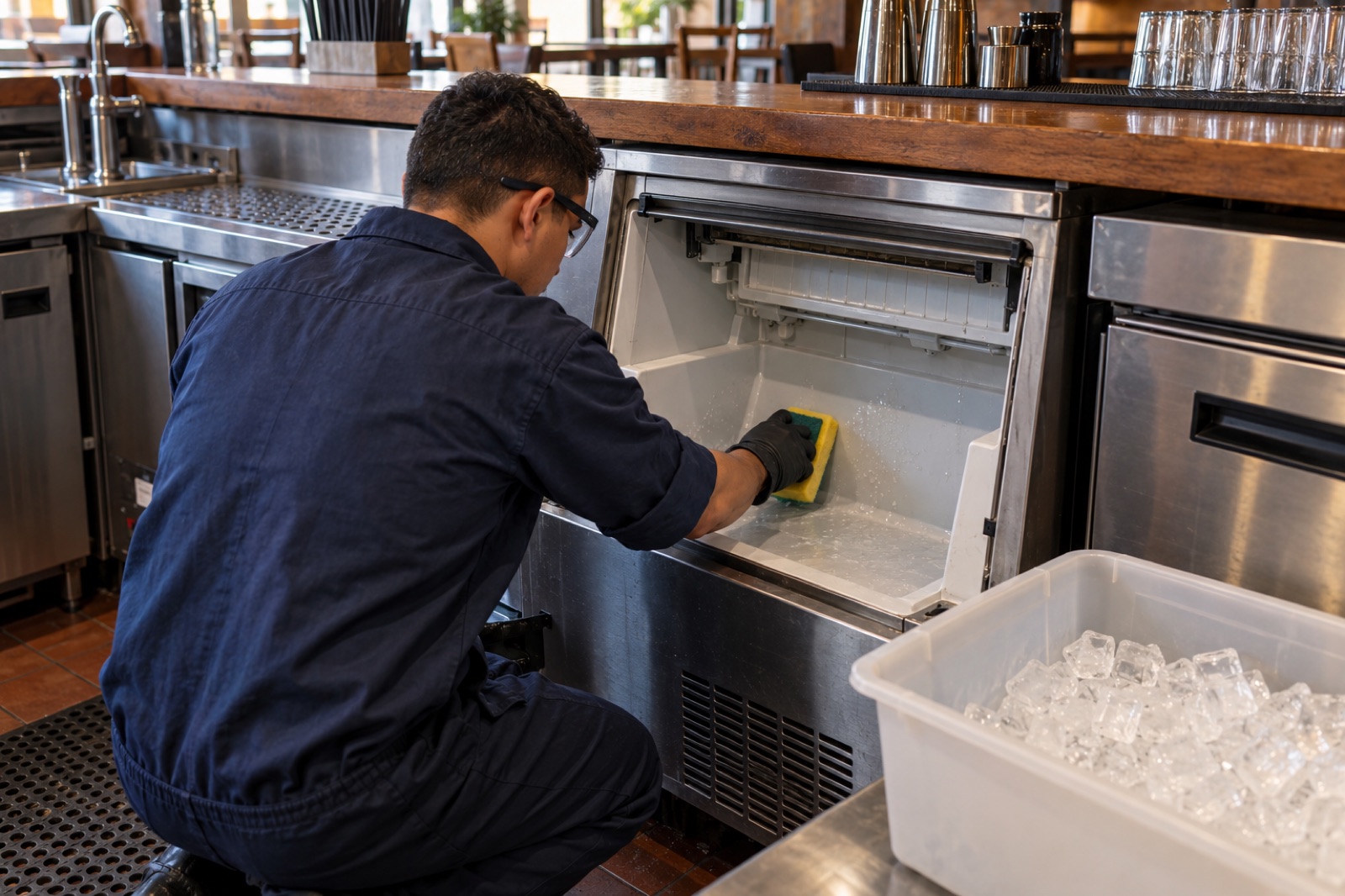 Técnico limpiando el depósito de una máquina de hielo bajo la barra de un bar