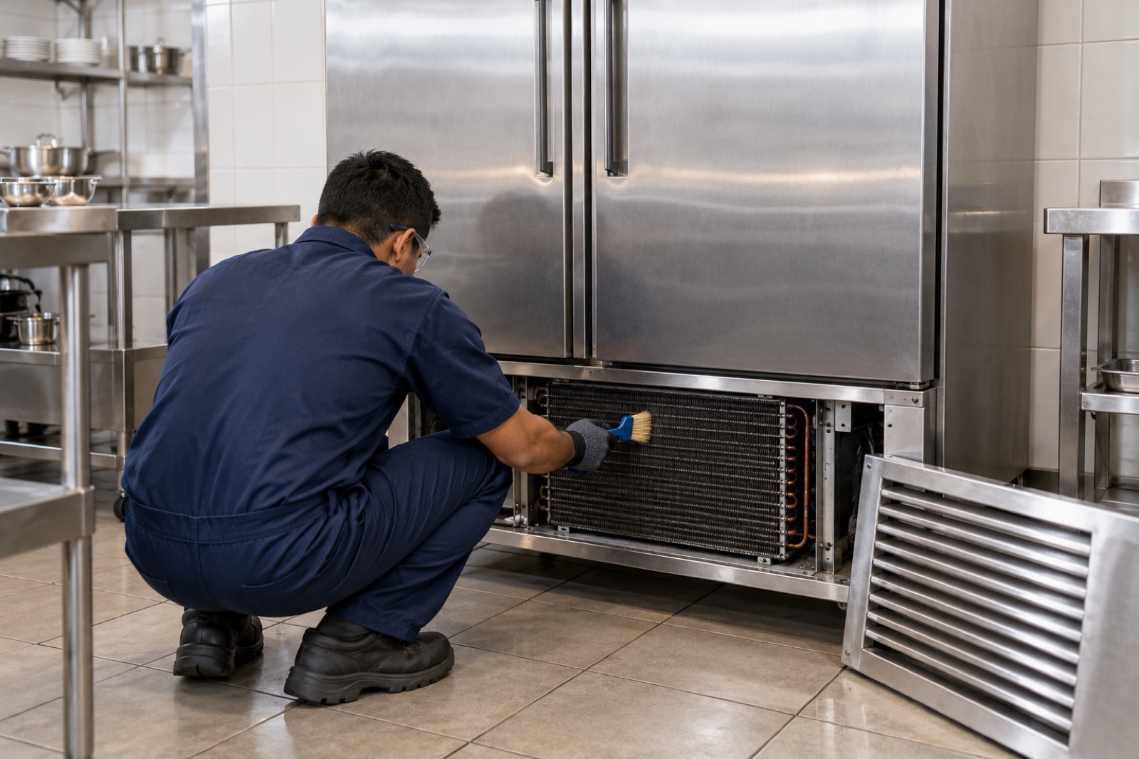 Técnico limpiando el condensador de una nevera vertical de acero en la cocina de un restaurante