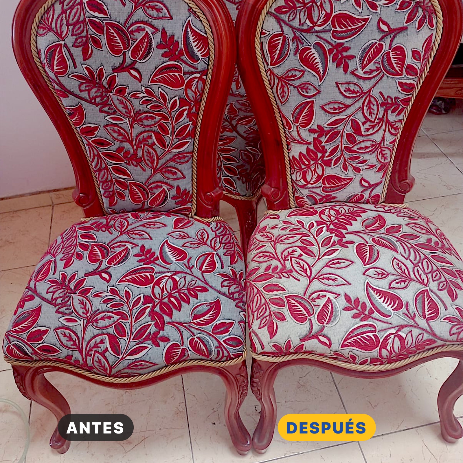 Dos sillas de comedor tapizadas, una lavada y otra sin lavar