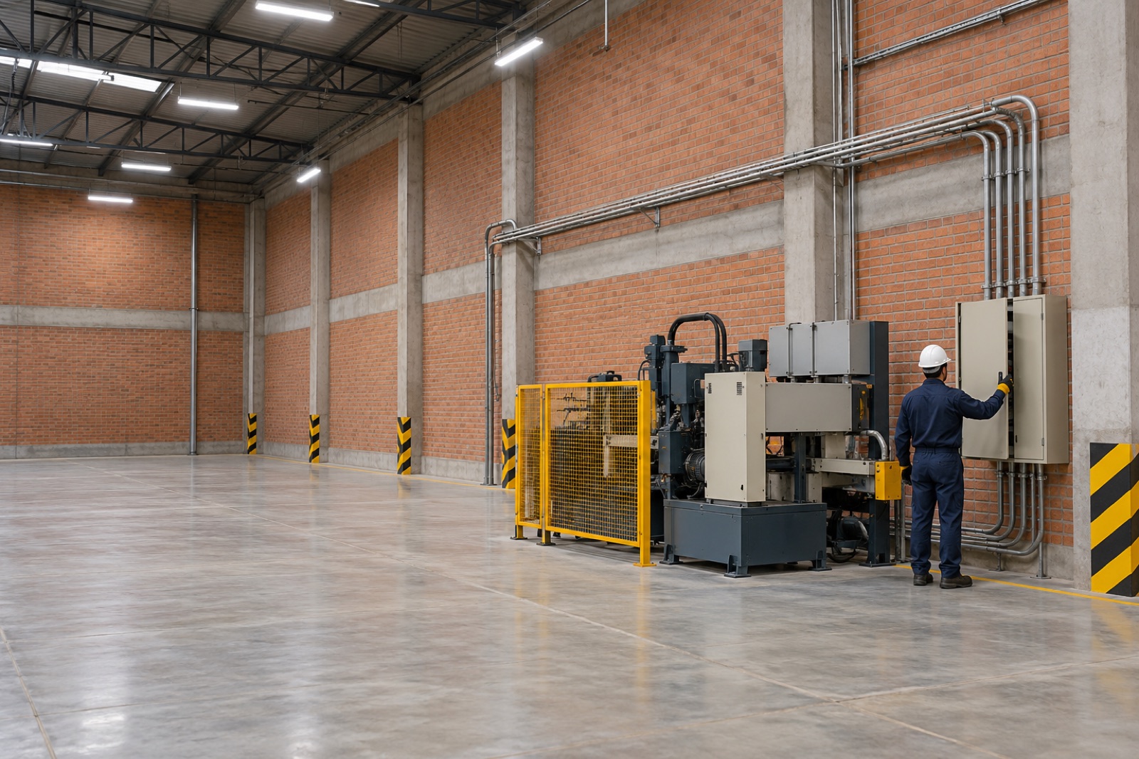 Bodega industrial iluminada con una máquina conectada a su tablero