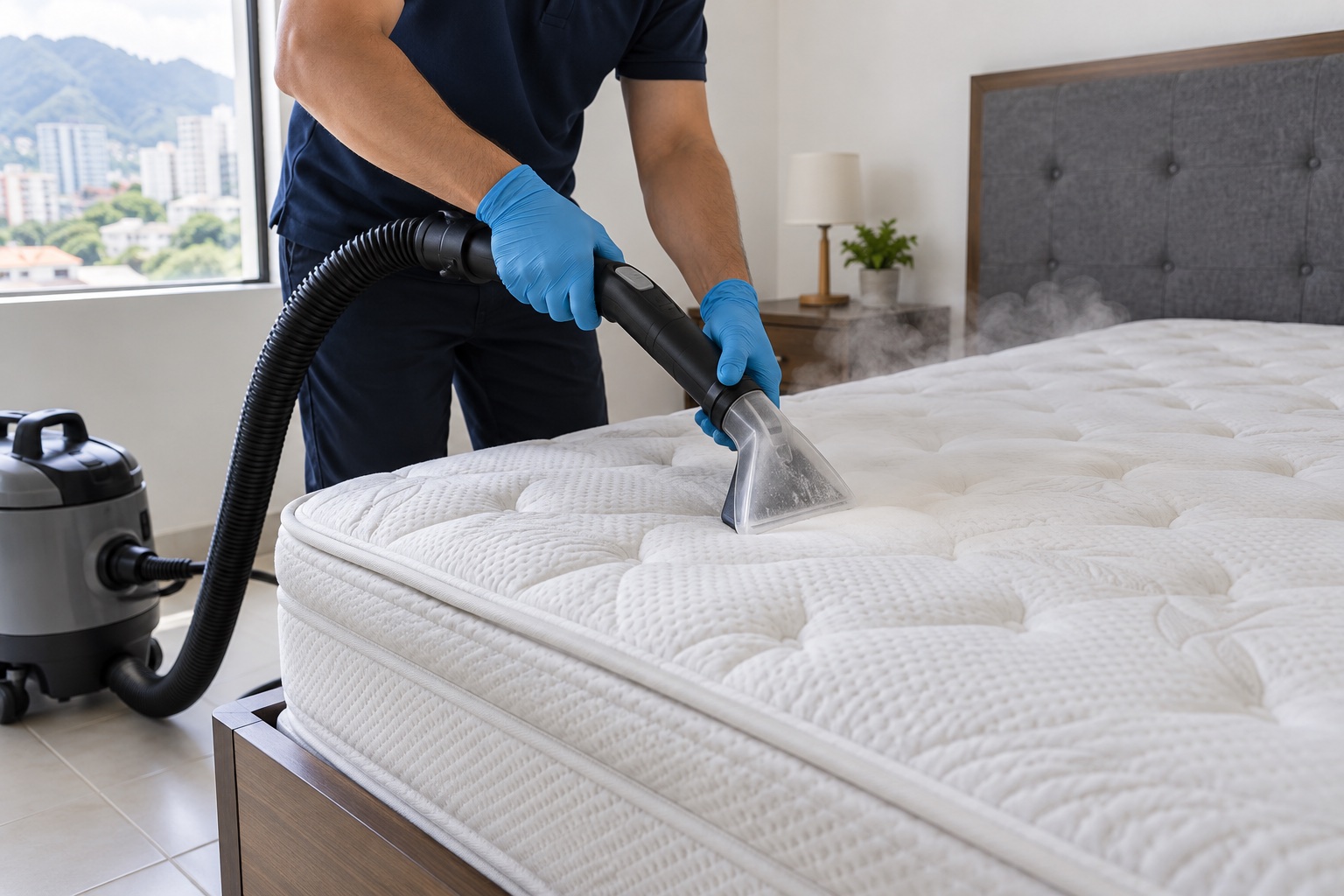 Técnico lavando un colchón con vapor