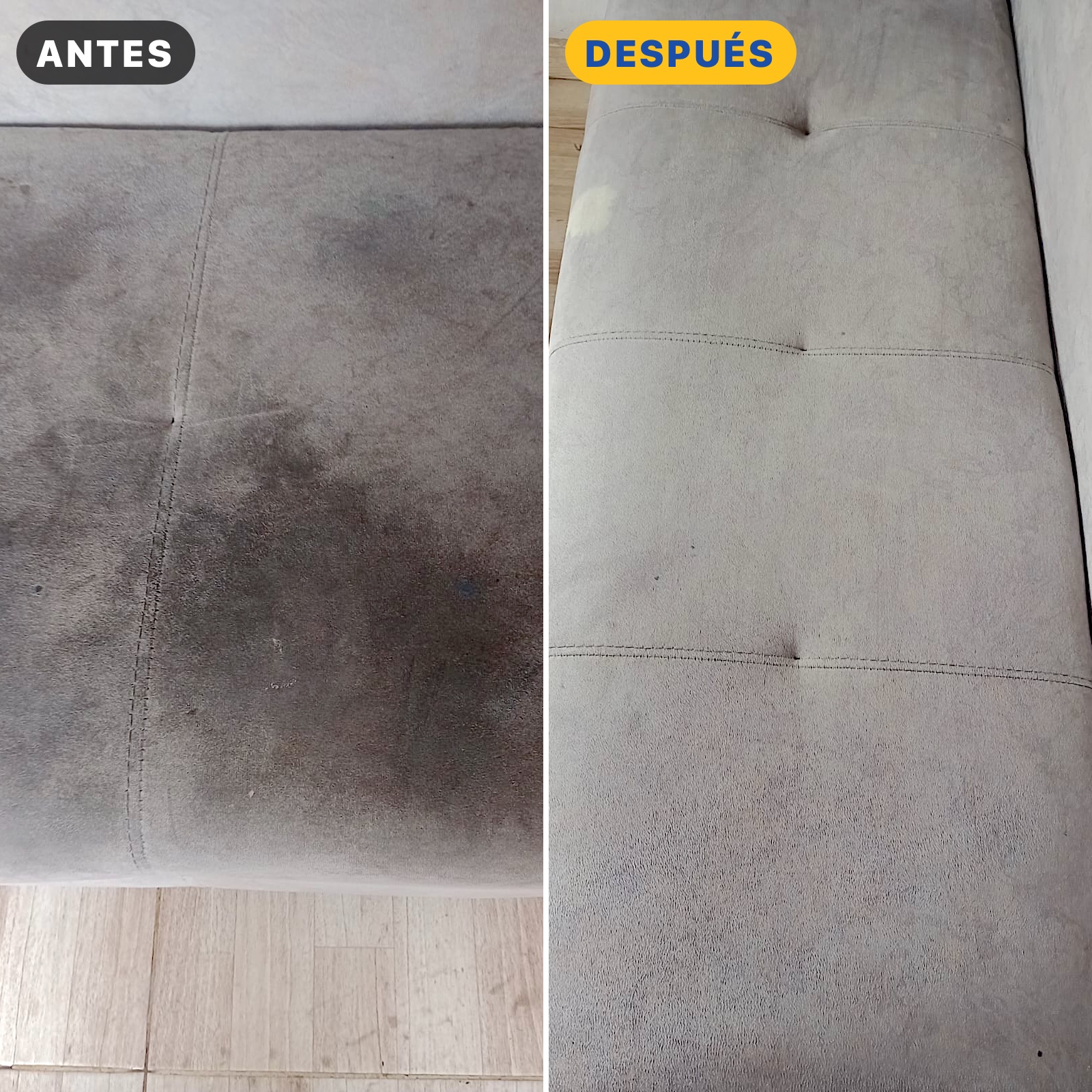 Sofá gris antes y después del lavado a vapor