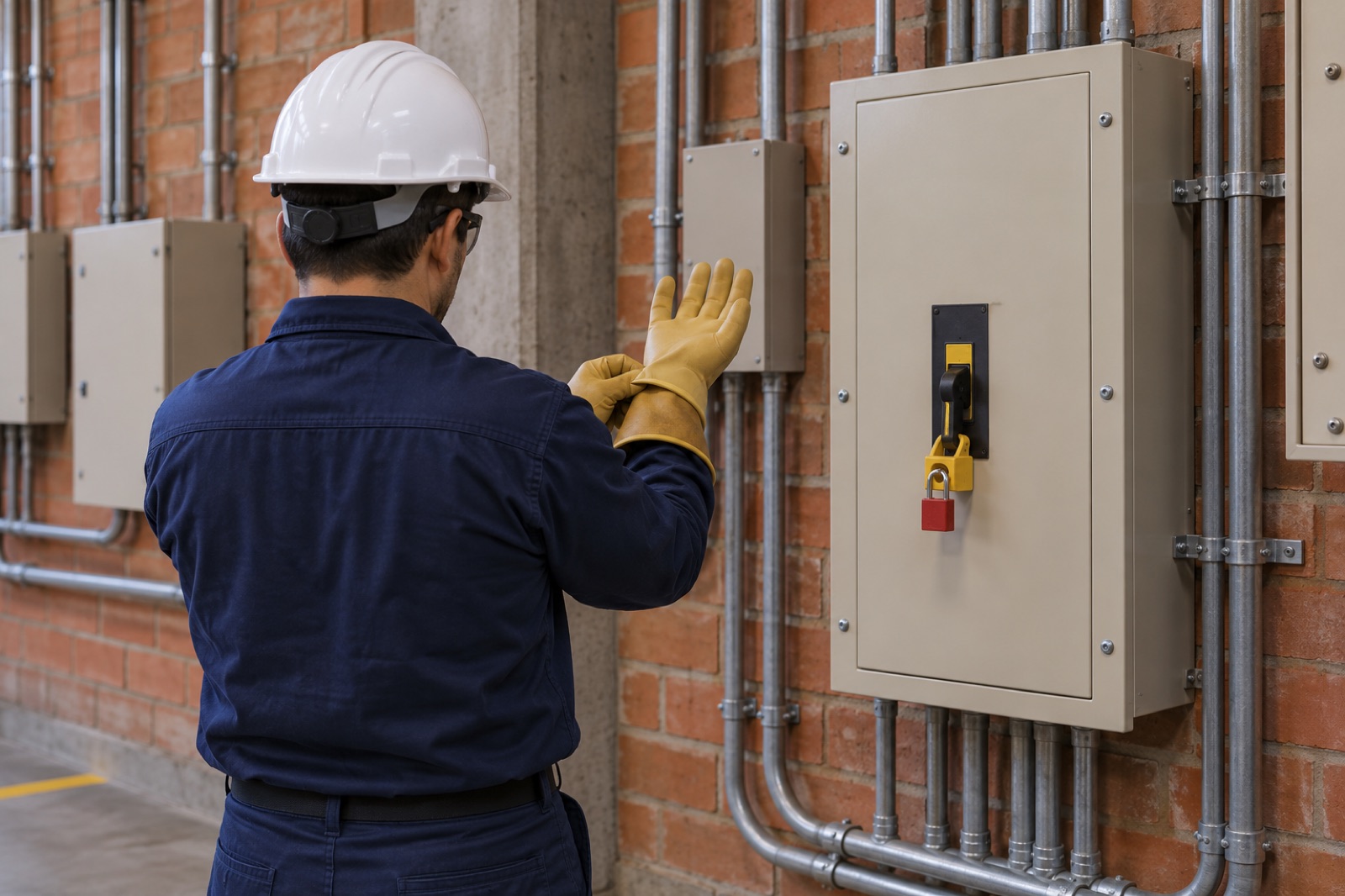 Técnico con guantes dieléctricos frente a un tablero bloqueado