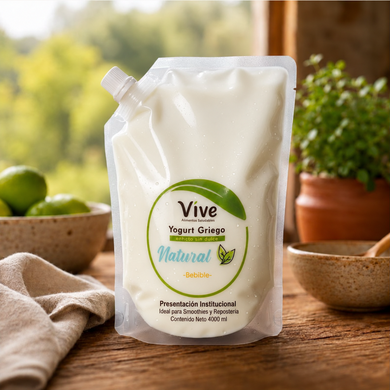 Yogurt griego natural sin azúcar bebible Vive 4 L institucional